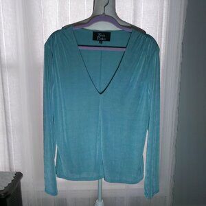 NINA PARKER Long Sleeve V-Neck Light Blue Green Blouse 2X